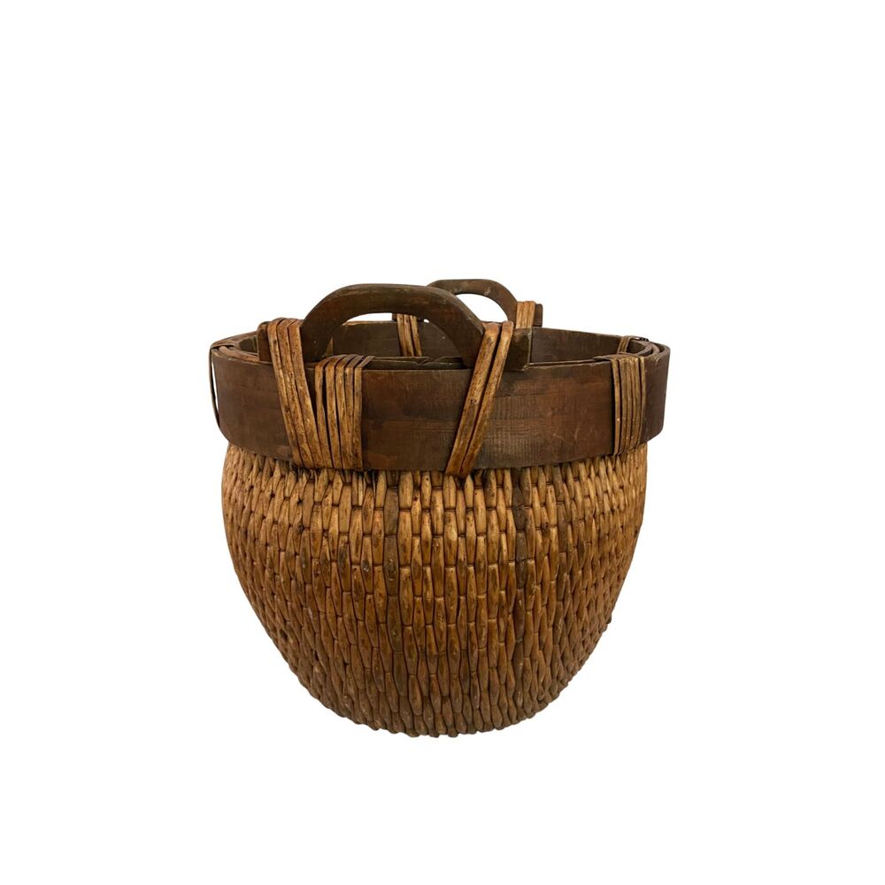 Chinese Woven Willow Rice Basket w/ 2 Wood Hand Carved Handles 19th Century - Picture 9 of 11